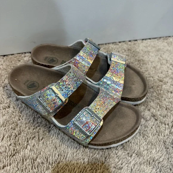 Birkenstock Arizona Shoes Womens Size 3 34 Silver Vegan Holographic Cork Sandals - Picture 3 of 7
